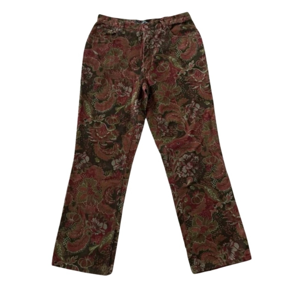 Vintage 90s Floral Paisley Straight Leg Jeans Y2K Boho Brown Red High Waist